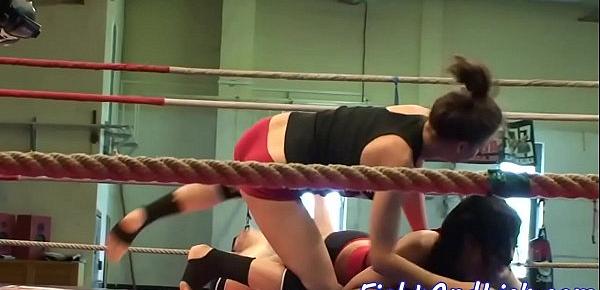  Wrestling lesbian toyed in a boxing ring